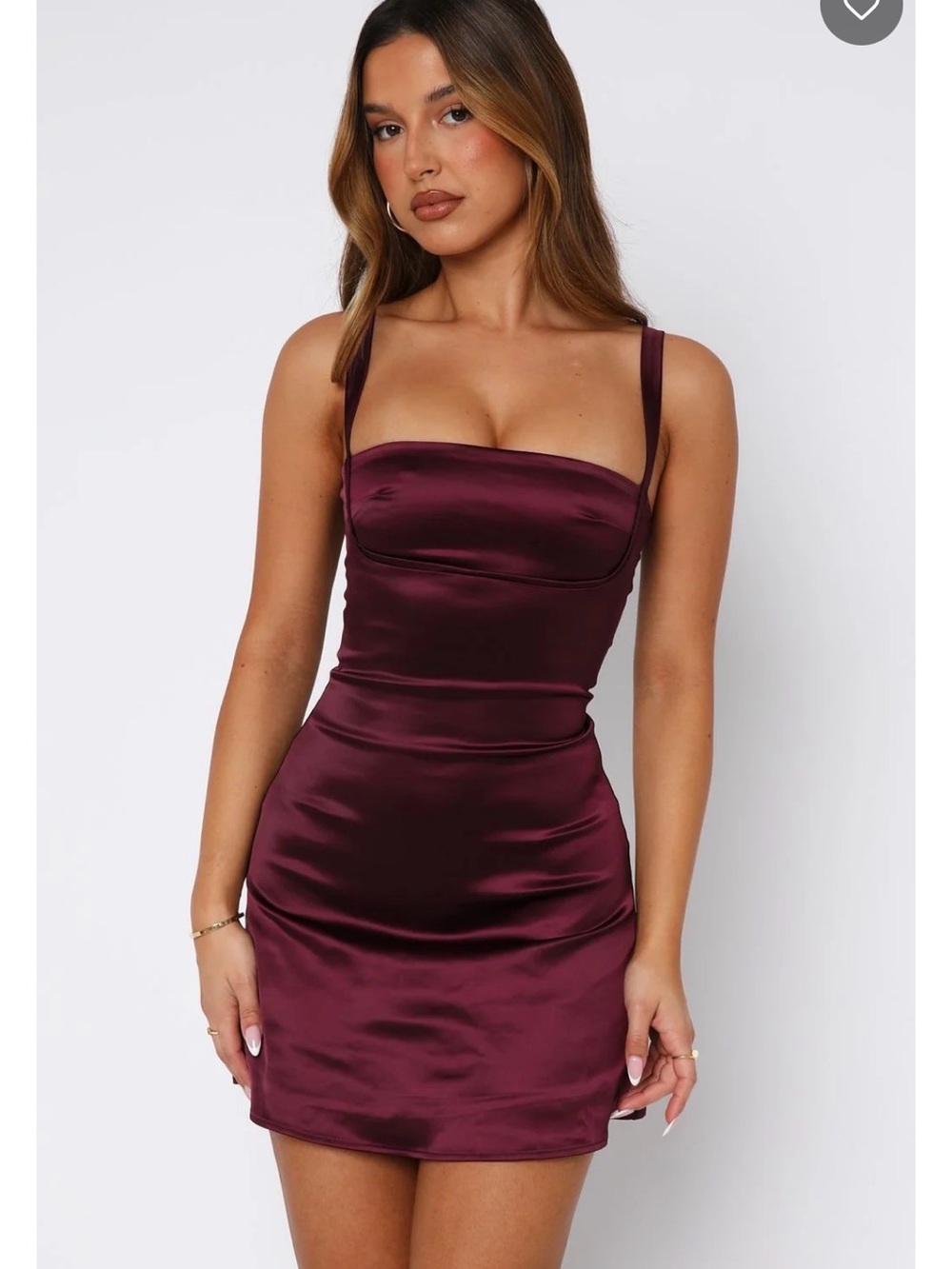 White fox Just a Girl Satin Bodycon Mini Dress in deep plum